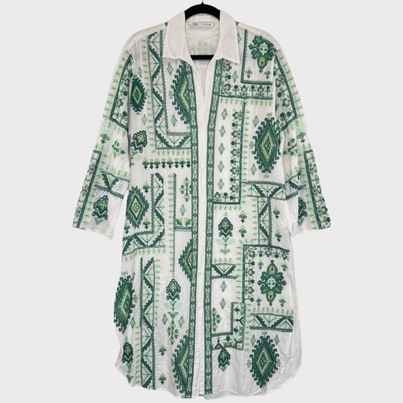Zara Women's Green White Embroidered Button- Down Blouse Tunic Dress Boho  Indie - sanvalentin.cl